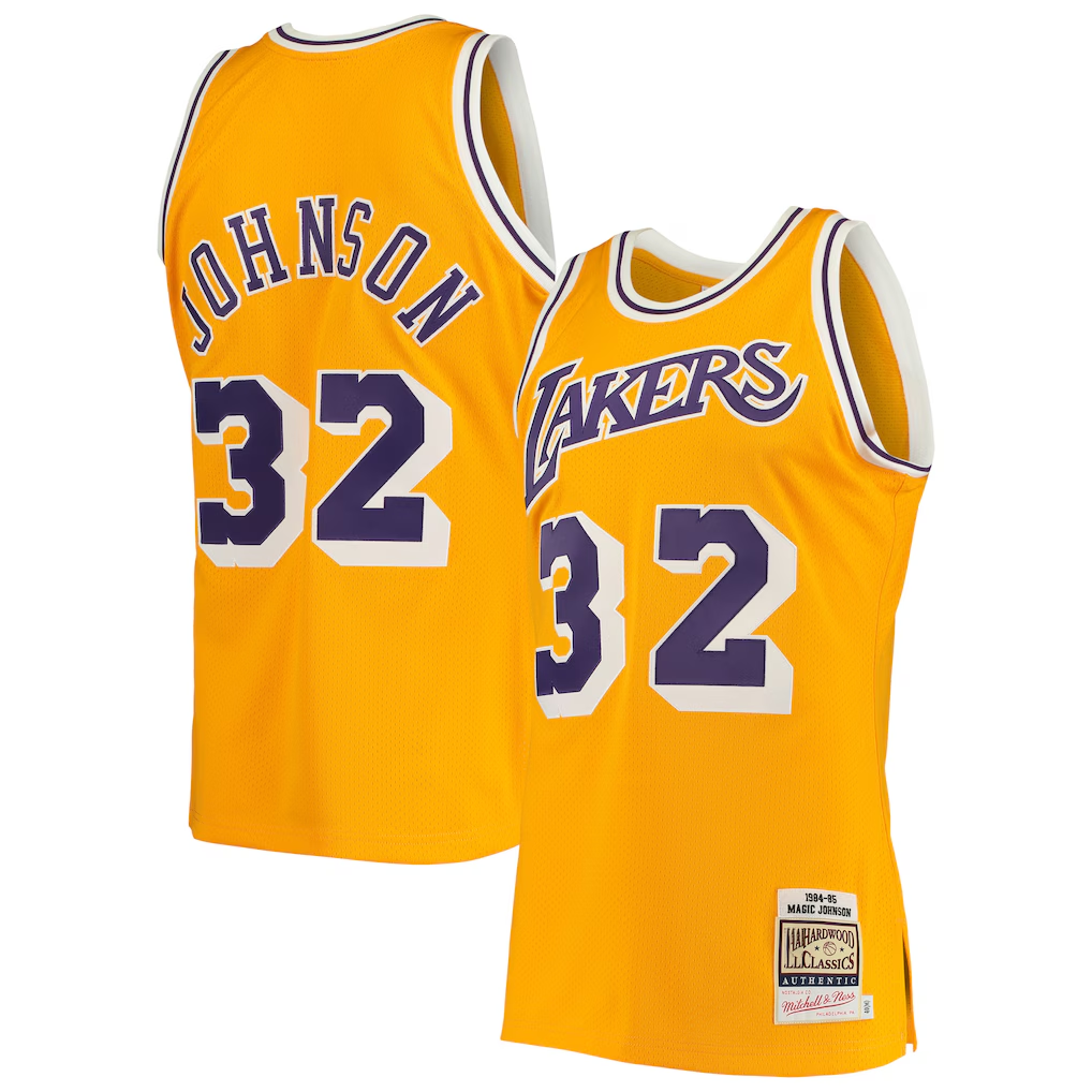 Friene LA.Lakers #32 Magic Johnson Mitchell & Ness Gold 198485 Hardwood Classics Authentic Jerseys