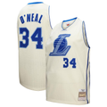 Friene LA.Lakers #34 Shaquille O'Neal Mitchell & Ness Cream Chainstitch Swingman Jerseys