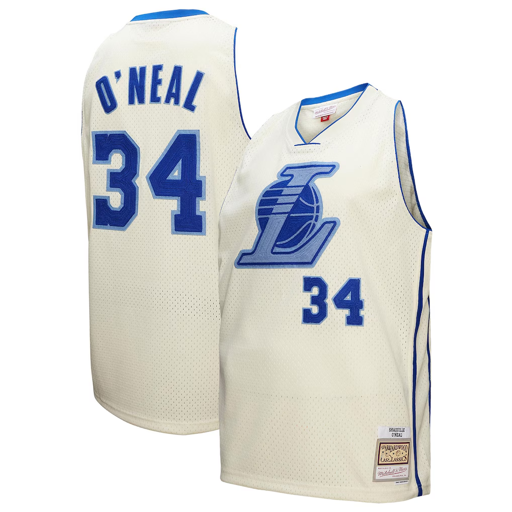 Friene LA.Lakers #34 Shaquille O'Neal Mitchell & Ness Cream Chainstitch Swingman Jerseys