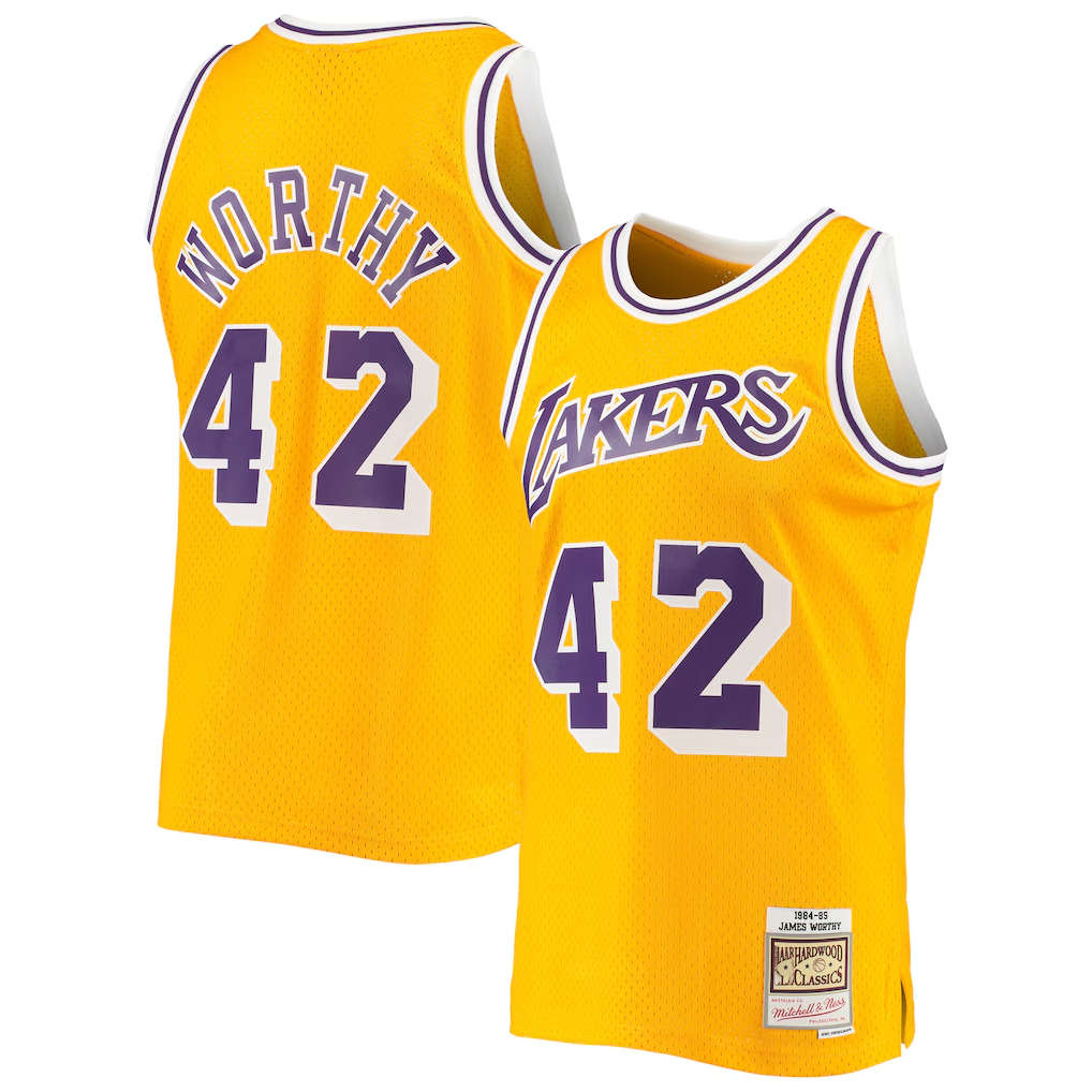 Friene LA.Lakers #42 James Worthy Mitchell & Ness Gold 198485 Hardwood Classics Swingman Stitched Jerseys
