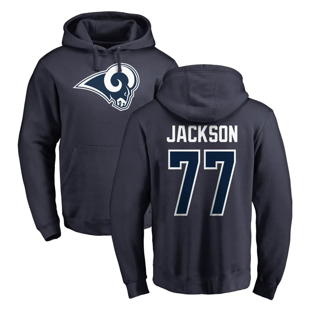 Friene LA.Rams #77 Alaric Jackson Player Navy Pullover Hoodie Limited Game Stitched Jerseys
