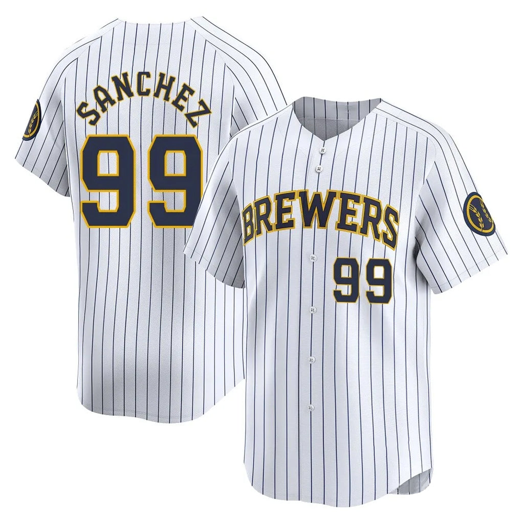 Friene M.Brewers #99 Gary Sanchez Player White Stripes Home Game Stitched Jerseys
