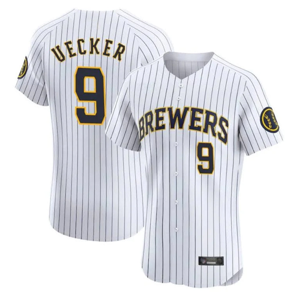 Friene M.Brewers #9 Bob Uecker Player White Stripes Home Limited Elite Stitched Jerseys