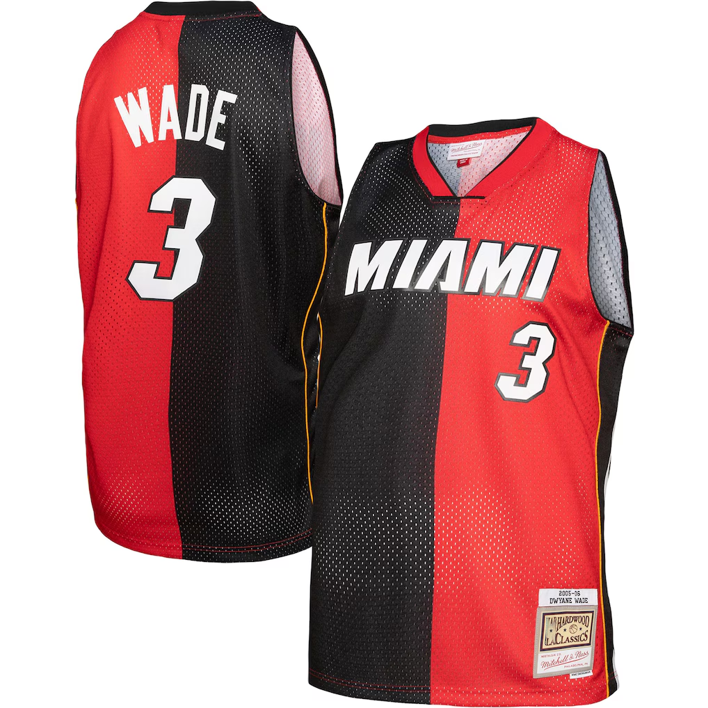 Friene M.Heat #3 Dwayne Wade Mitchell & Ness BlackRed Big & Tall Hardwood Classics 200506 Split Swingman Jerseys