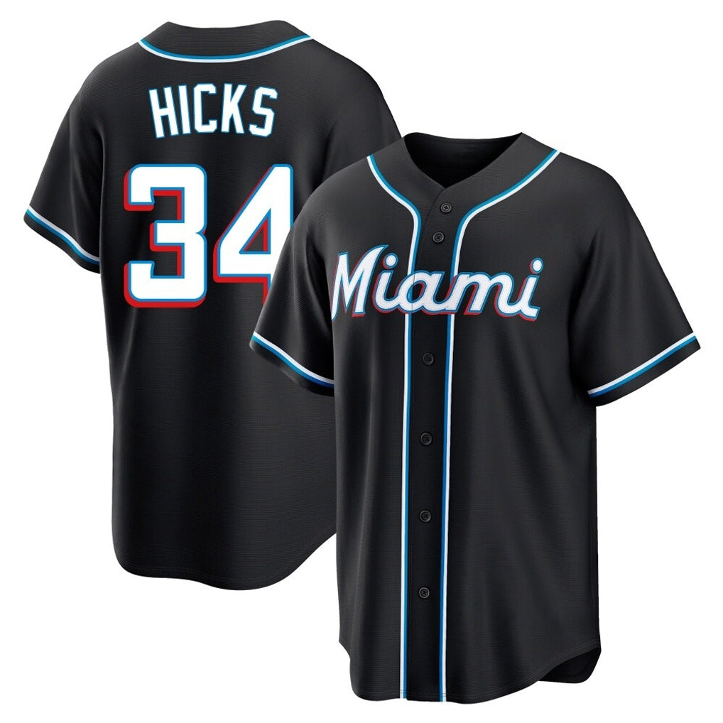 Friene M.Marlins #34 Liam Hicks Player Black Fashion Out Home Game Stitched Jerseys