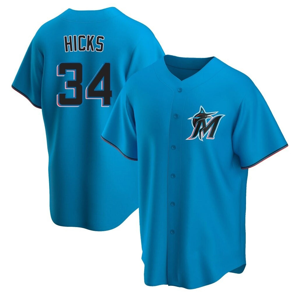 Friene M.Marlins #34 Liam Hicks Player Blue Home Game Stitched Jerseys