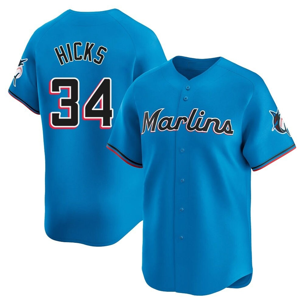 Friene M.Marlins #34 Liam Hicks Player Blue Home Limited Stitched Jerseys