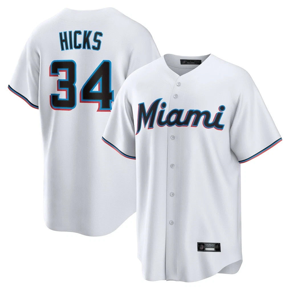 Friene M.Marlins #34 Liam Hicks Player White  Home Game Stitched Jerseys