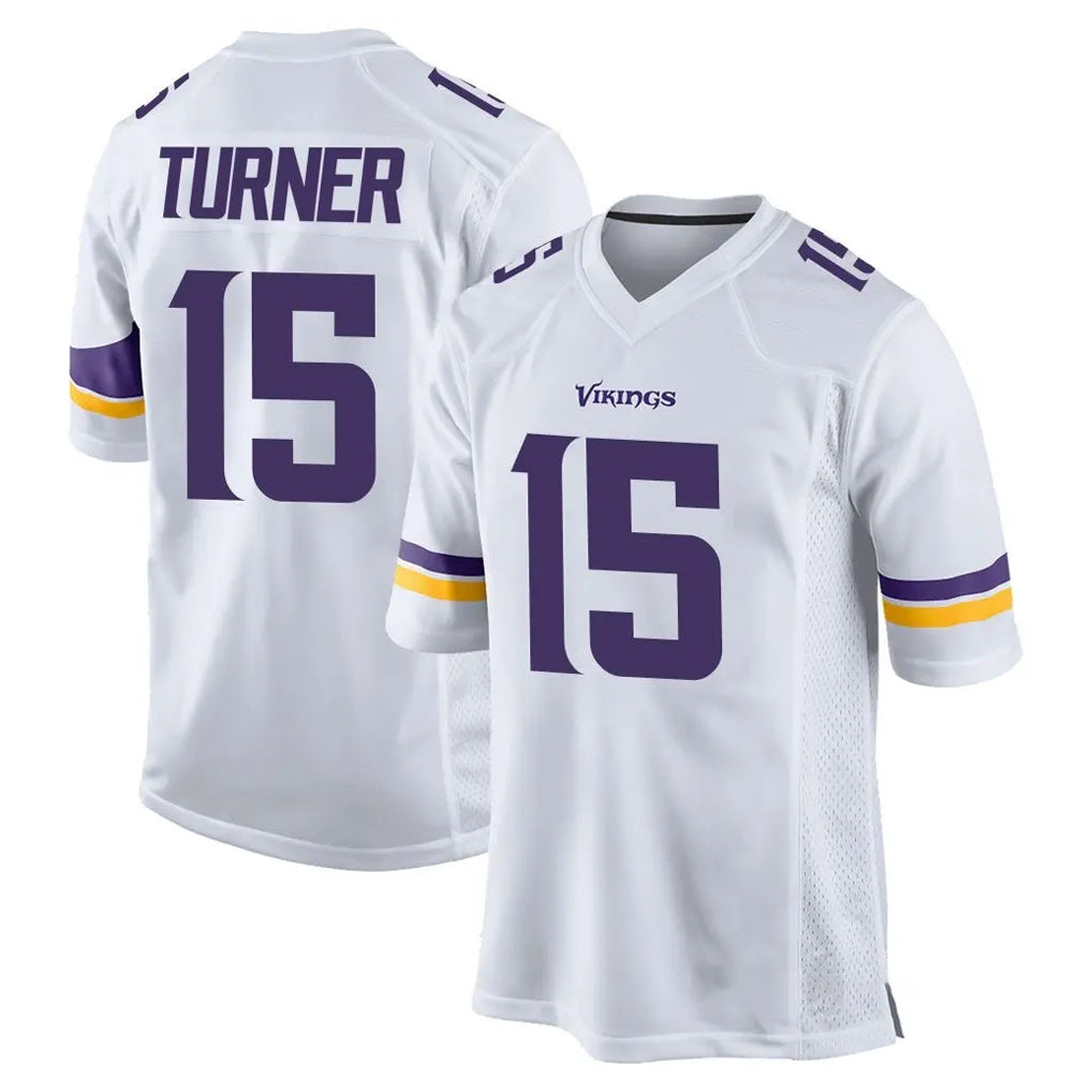 Friene M.Vikings #15 Dallas Turner Player White Home Game Stitched Jerseys