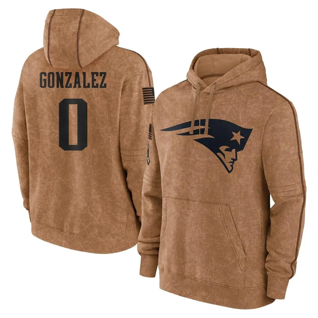 Friene NE.Patriots #0 Christian Gonzalez Player Brown Salute to Service Pullover Hoodies Limited Game Stitched Jerseys