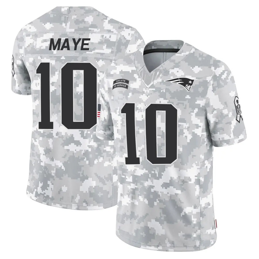 Friene NE.Patriots #10 Drake Maye Player Arctic Camo Salute to Service Limited Stitched Jerseys