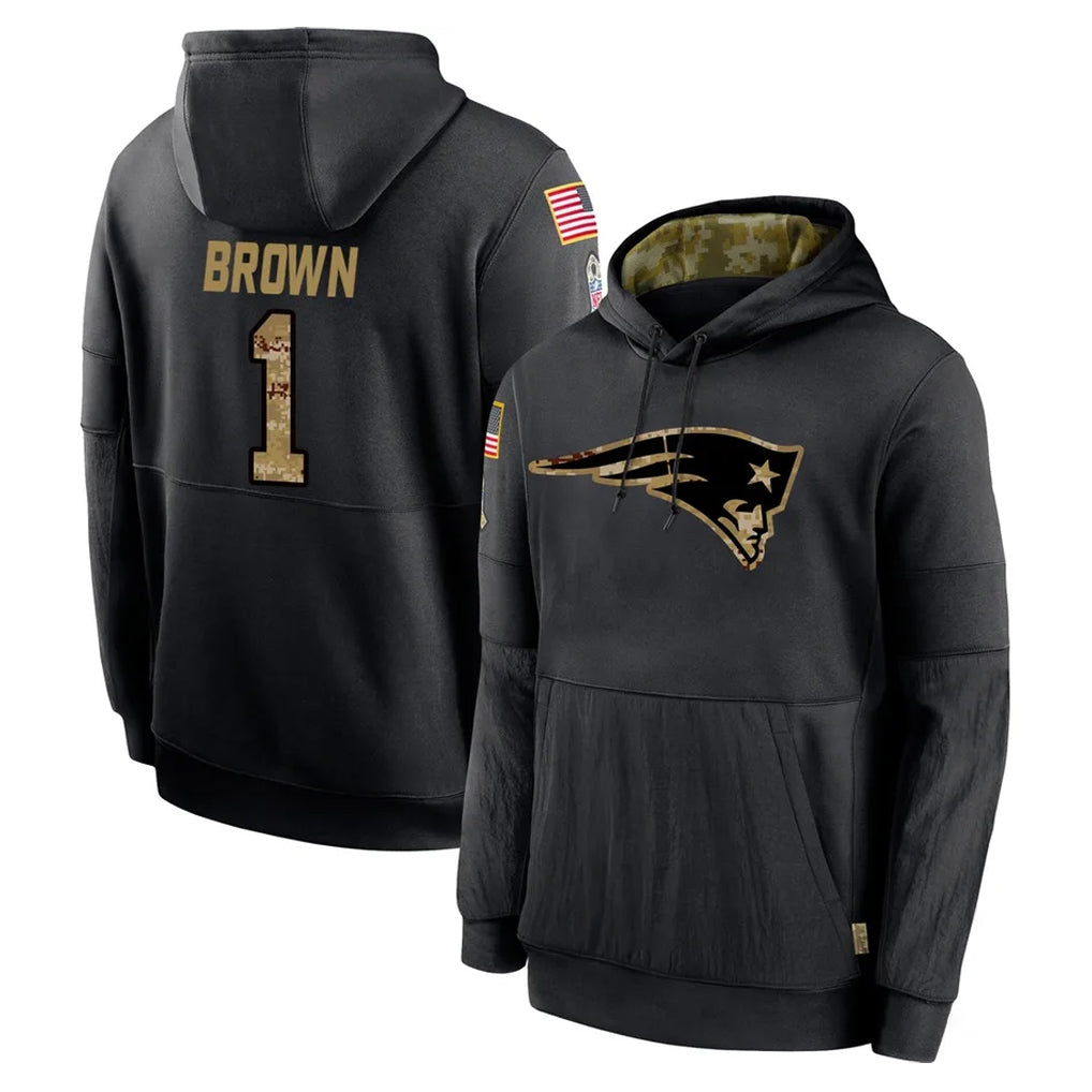 Friene NE.Patriots #1 A.J. Brown Player Black Salute to Service Hoodies Limited Game Stitched Jerseys