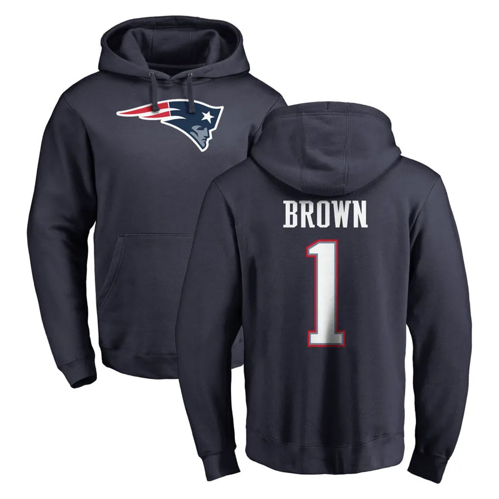 Friene NE.Patriots #1 A.J. Brown Player Navy LOGO Pullover Hoodies Home Game Stitched Jerseys