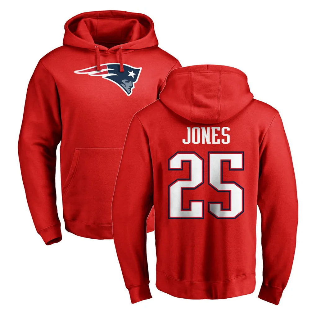 Friene NE.Patriots #25 Marcus Jones Player Red LOGO Pullover Hoodies Home Game Stitched Jerseys