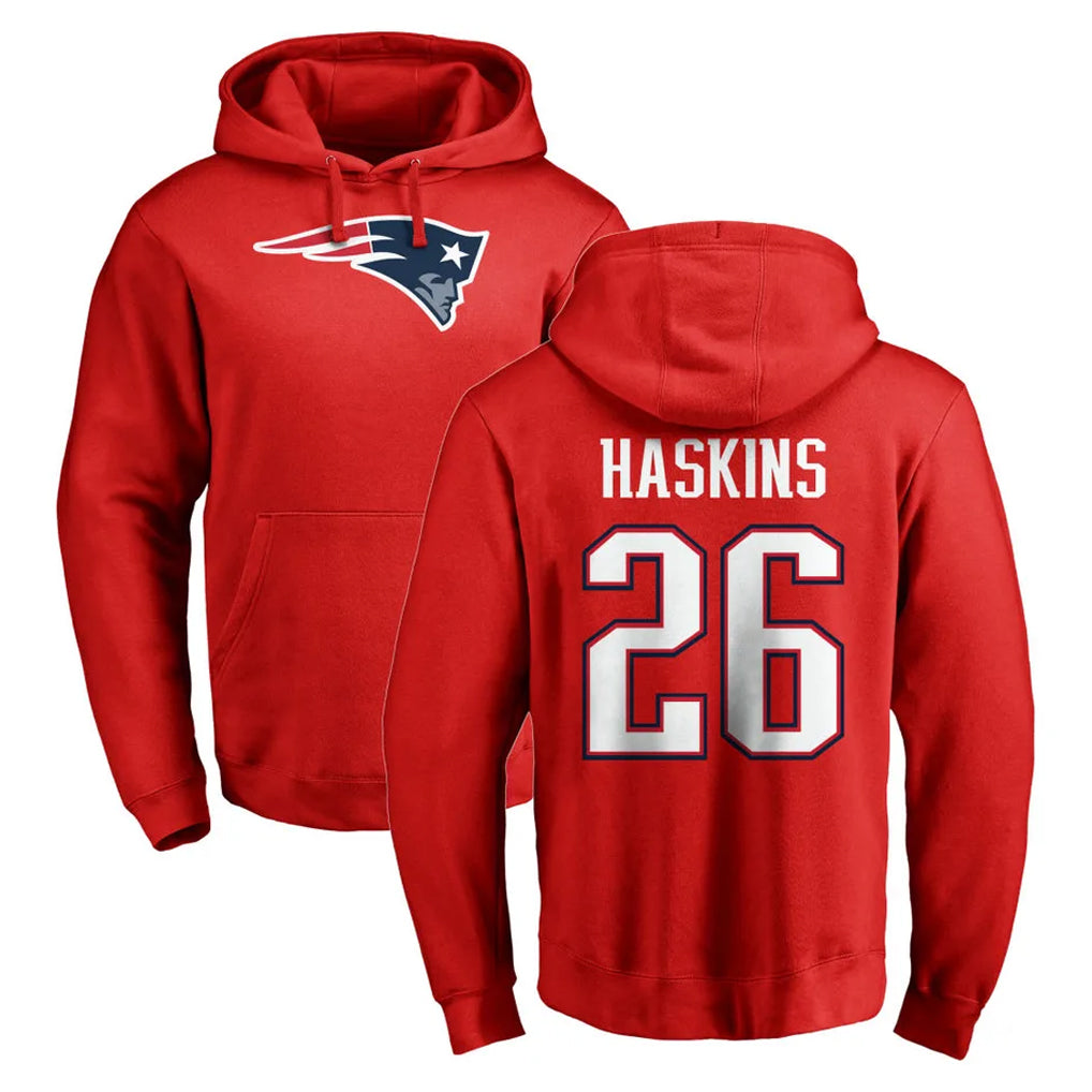 Friene NE.Patriots #26 Hassan Haskins Player Red LOGO Pullover Hoodies Home Game Stitched Jerseys