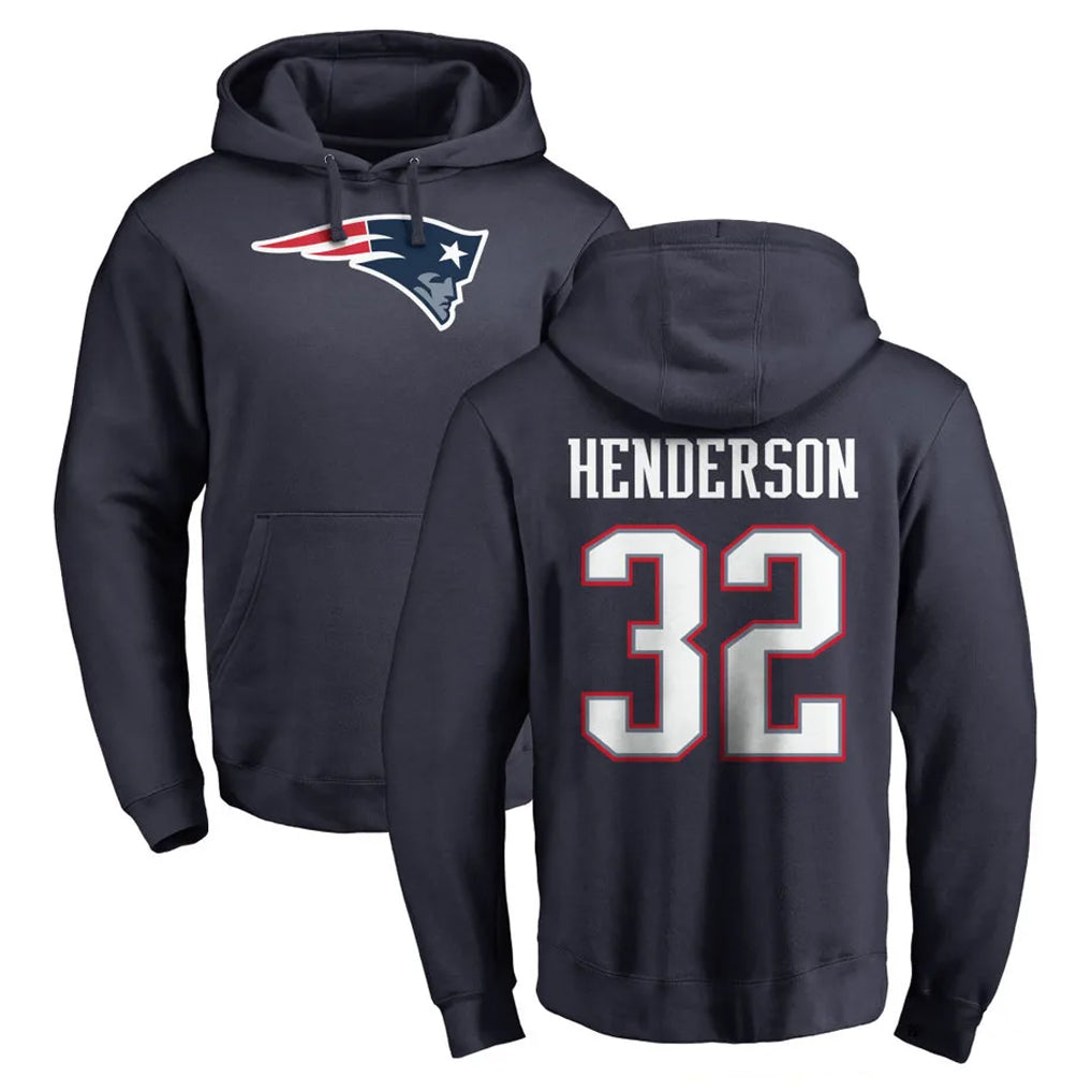 Friene NE.Patriots #32 TreVeyon Henderson Player Navy LOGO Pullover Hoodies Home Game Stitched Jerseys