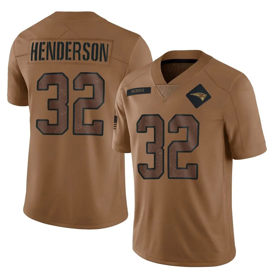 Friene NE.Patriots #32 TreVeyon Henderson Player Salute To Service Limited Brown Stitched Jerseys