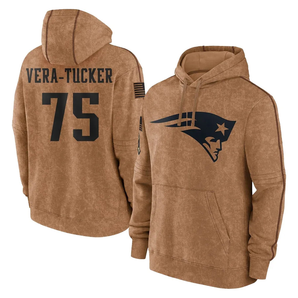 Friene NE.Patriots #75 Alijah Vera-Tucker Player Brown Salute to Service Pullover Hoodies Limited Game Stitched Jerseys