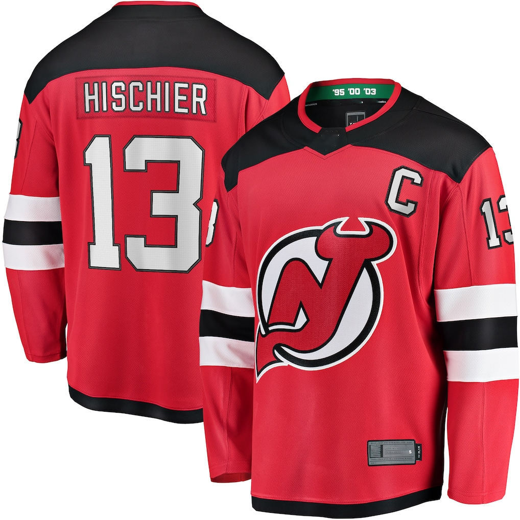 Friene NJ.Devils #13 Nico Hischier Red Captain Patch Home Breakaway Jerseys