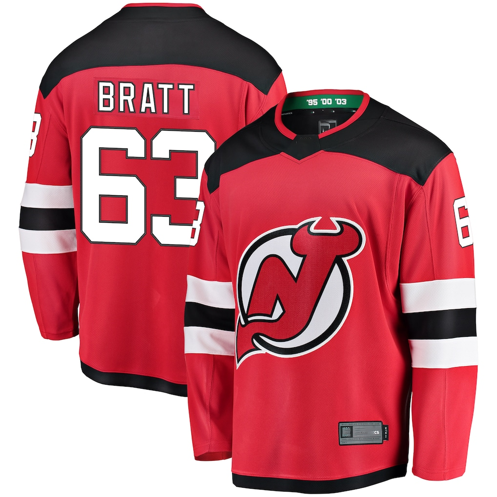 Friene NJ.Devils #63 Jesper Bratt Red Home Breakaway Player Jerseys