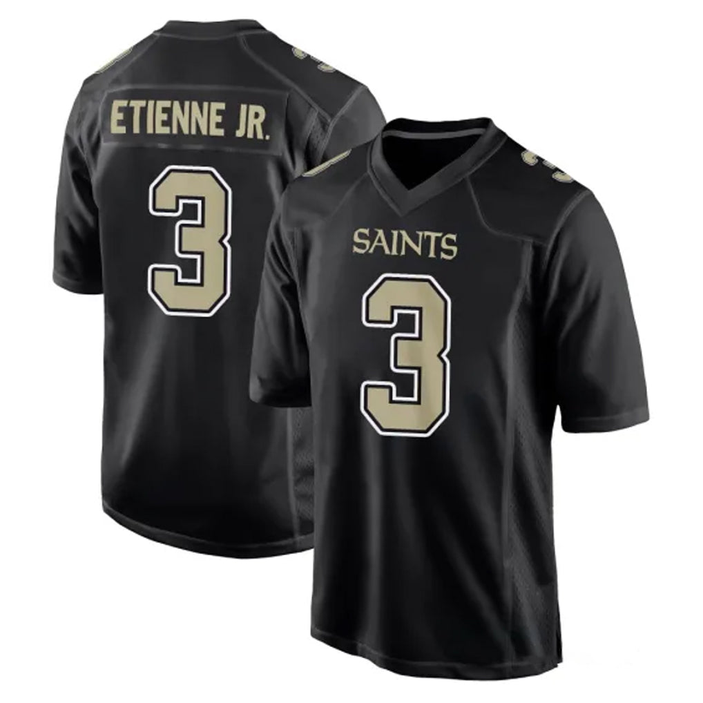 Friene NO.Saints #3 Travis Etienne Jr. Player Black Carbon Fashion Home Game Stitched Jerseys