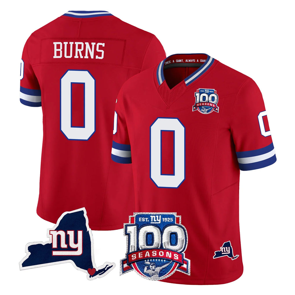 Friene NY.Giants #0 Brian Burns Player Red 100th Season & State Patch Vapor Limited Home Game Stitched Jerseys