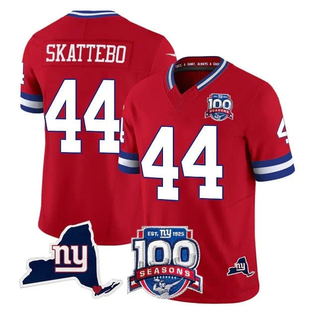 Friene NY.Giants #44 Cam Skattebo Player Red 100th Season & State Patch Vapor Limited Home Game Stitched Jerseys