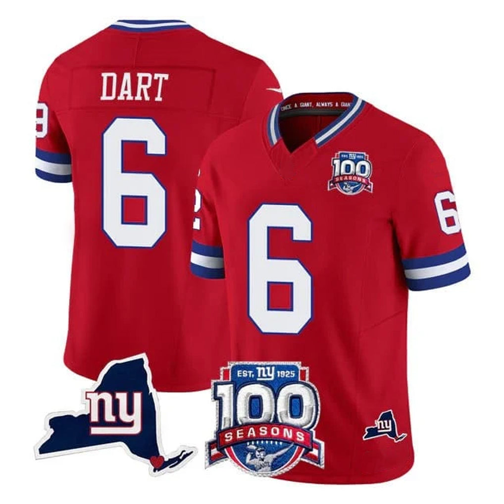Friene NY.Giants #6 Jaxson Dart Player Red 100th Season & State Patch Vapor Limited Home Game Stitched Jerseys