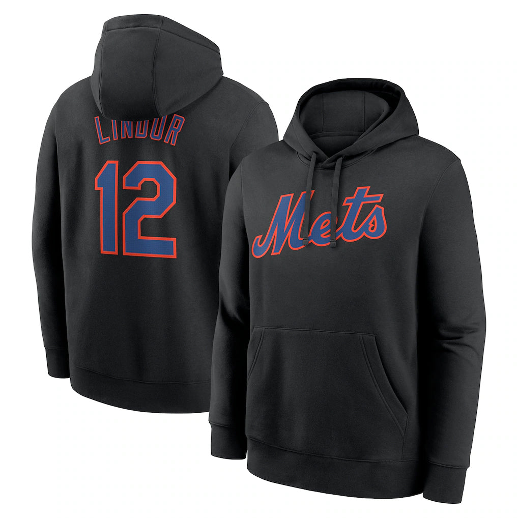 Friene NY.Mets #12 Francisco Lindor Player Black Club Pullover Hoodie Game Stitched Jerseys