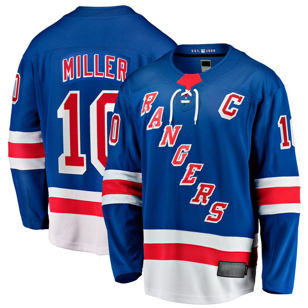 Friene NY.Rangers #10 JT Miller Blue Home Captain's Patch Breakaway Jerseys