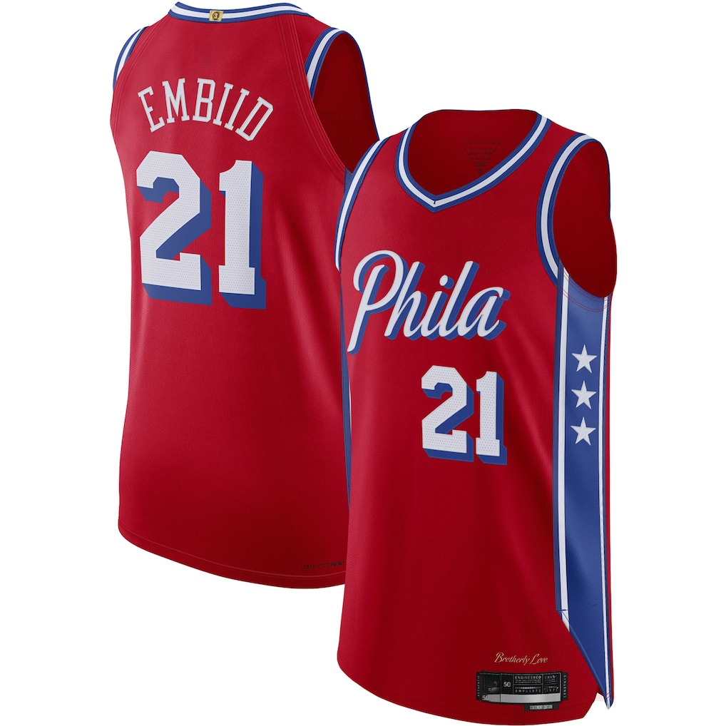 Friene P.76ers #21 Joel Embiid Jordan Brand Red Authentic Player Jerseys - Statement Edition
