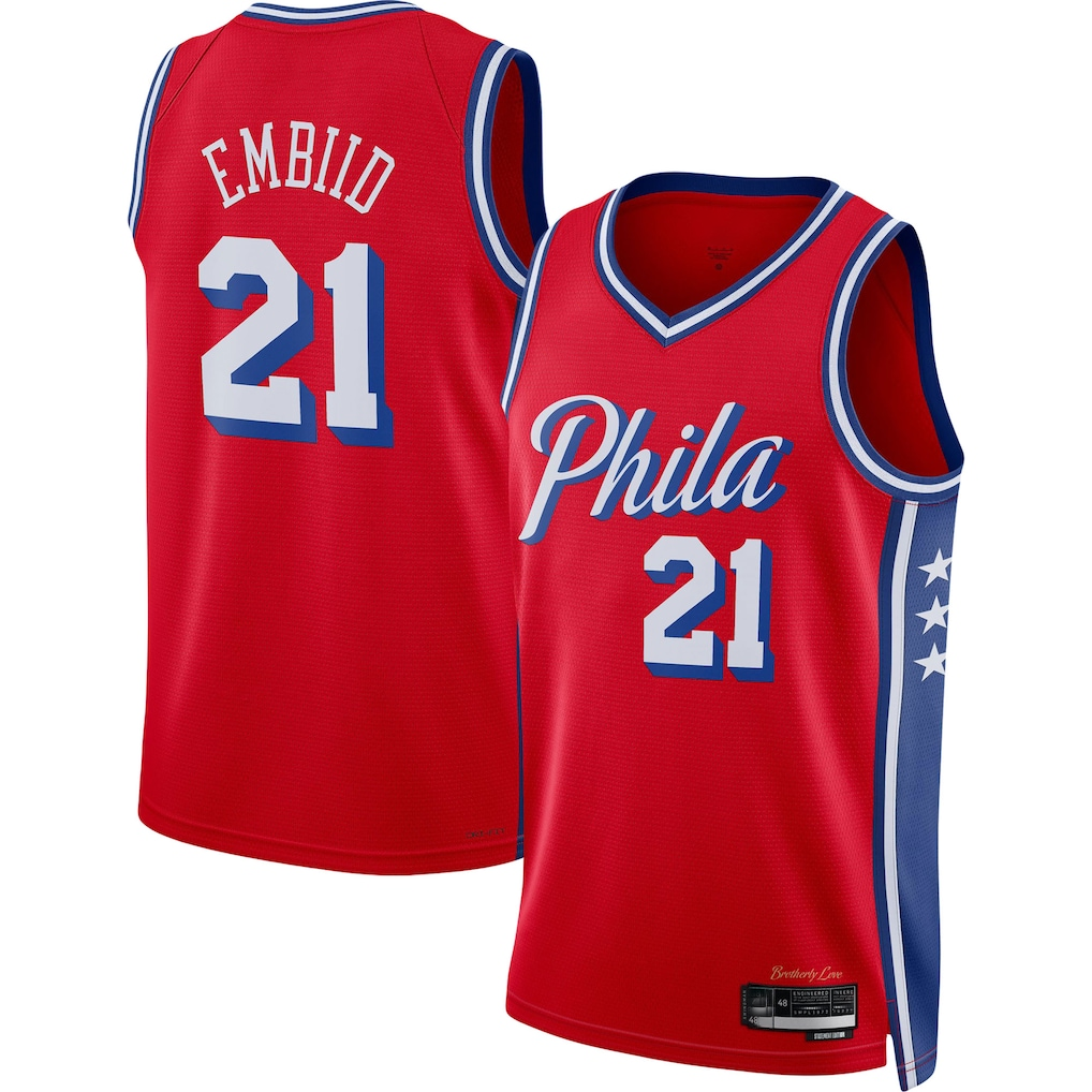Friene P.76ers #21 Joel Embiid Jordan Brand Red Swingman Jerseys - Statement Edition