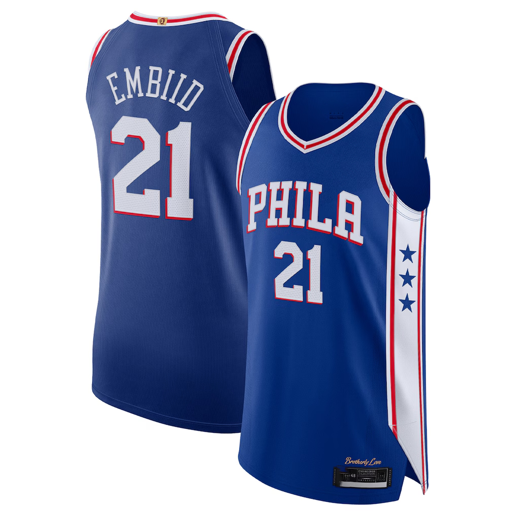 Friene P.76ers #21 Joel Embiid Royal Authentic Jerseys - Icon Edition