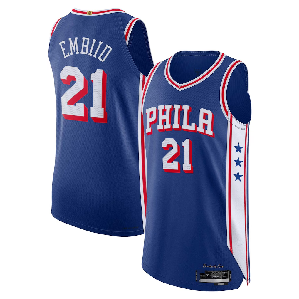 Friene P.76ers #21 Joel Embiid Royal Authentic Jerseys - Icon Edition
