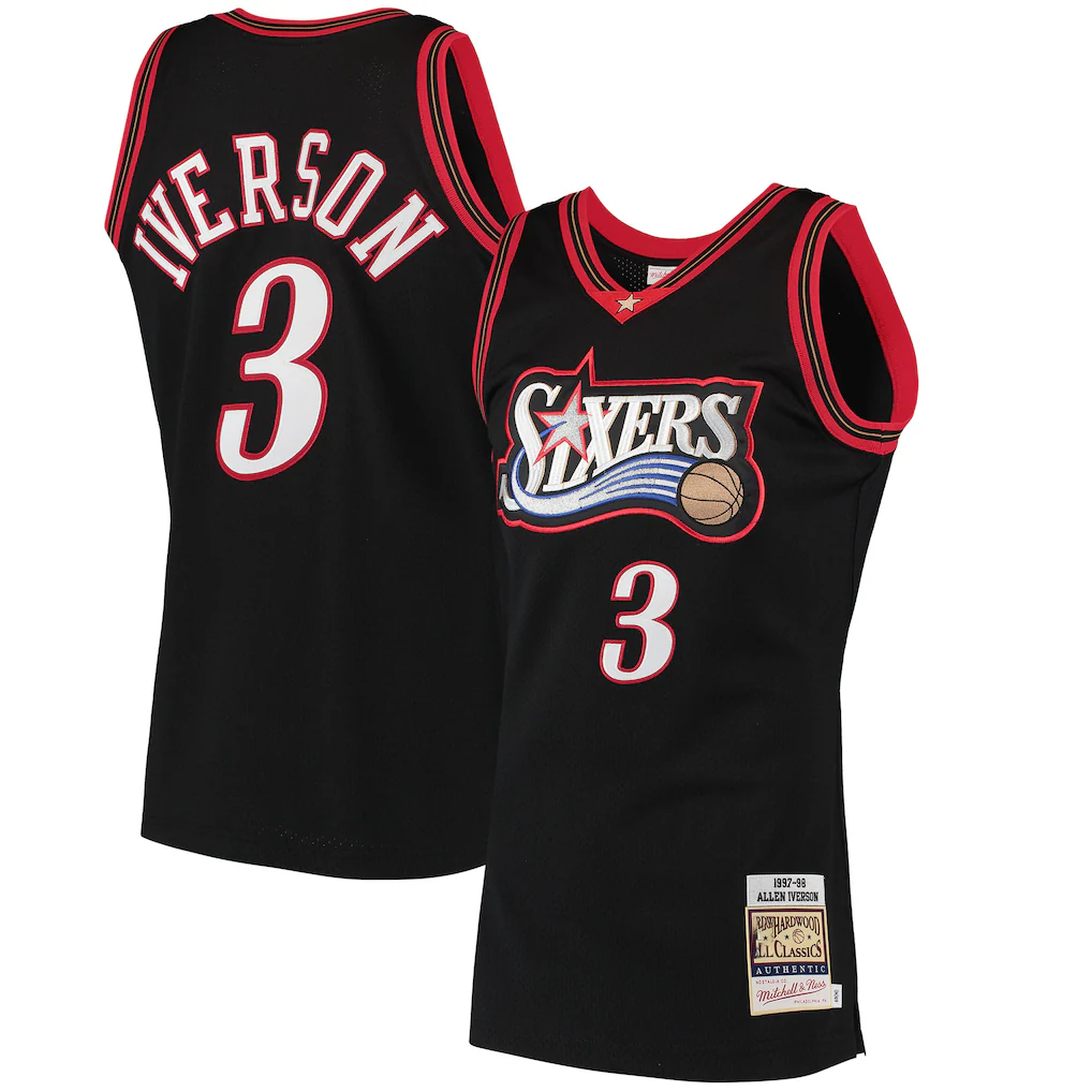 Friene P.76ers #3 Allen Iverson Mitchell & Ness Black 199798 Hardwood Classics Authentic Jerseys