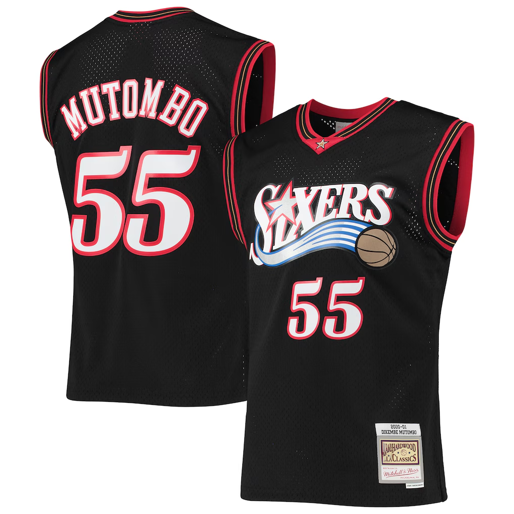 Friene P.76ers #55 Dikembe Mutombo Mitchell & Ness Black Hardwood Classics Swingman Jerseys