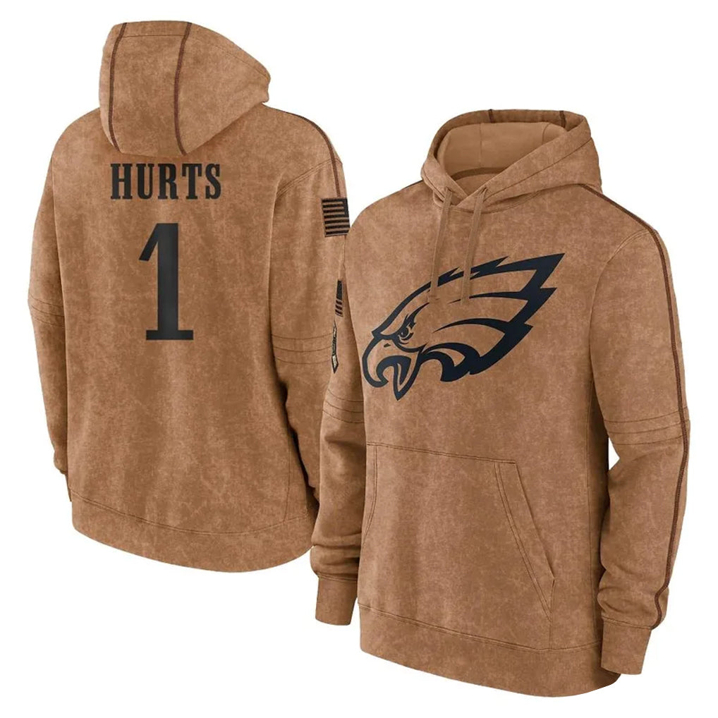 Friene P.Eagles #1 Jalen Hurts Player Brown Salute to Service Pullover Hoodies Limited Game Stitched Jerseys