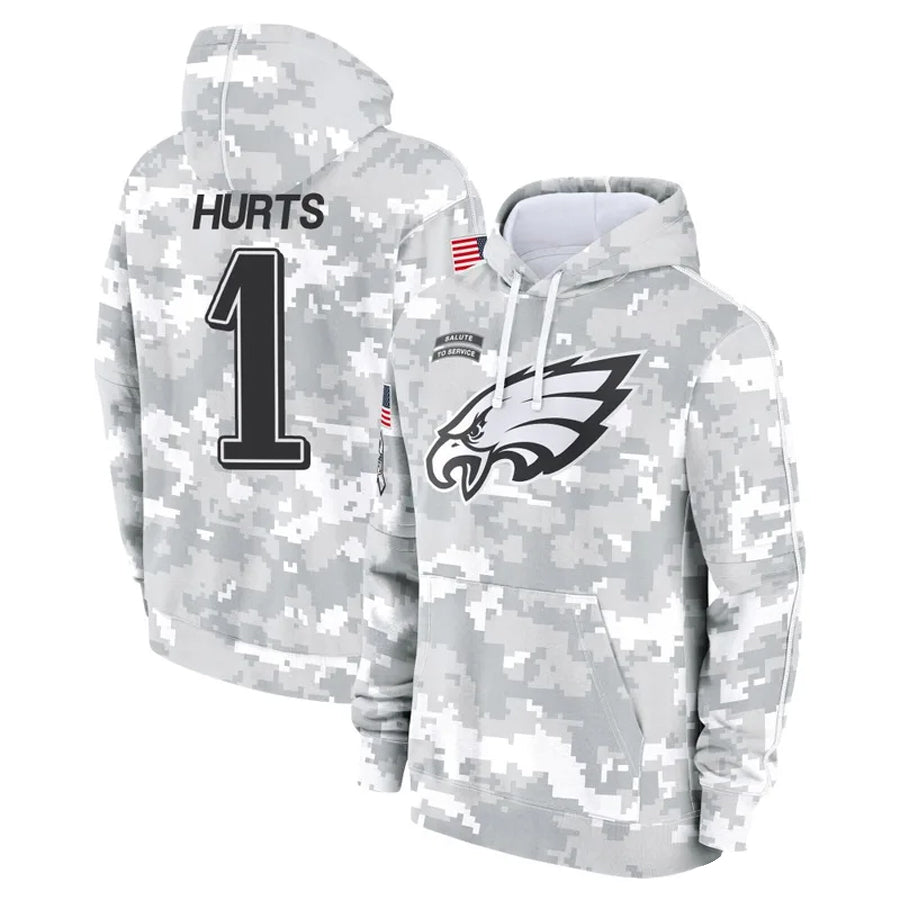 Friene P.Eagles #1 Jalen Hurts Player Military Hoodie Arctic Camo Salute To Service Stitched Jerseys