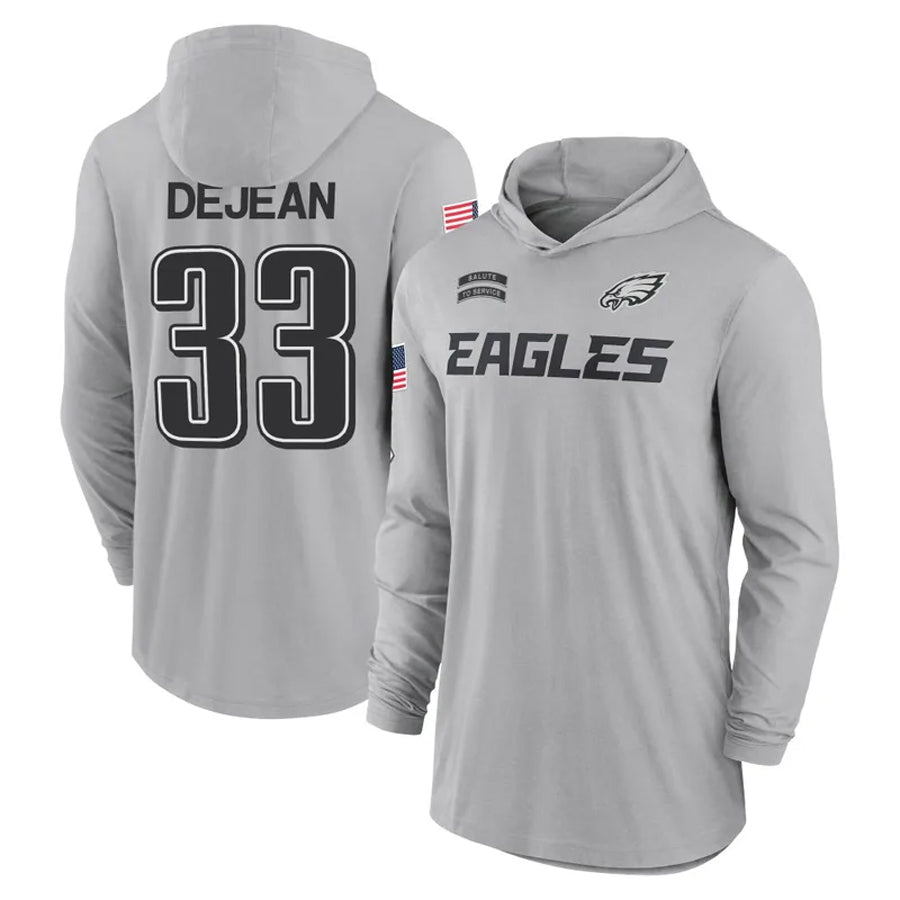 Friene P.Eagles #33 Cooper DeJean Player Military Hoodie Gray Salute To Service Stitched Jerseys