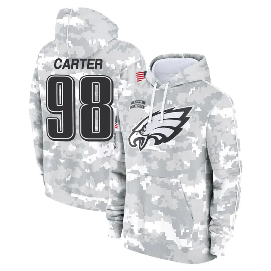 Friene P.Eagles #98 Jalen Carter Player Military Hoodie Arctic Camo Salute To Service Stitched Jerseys