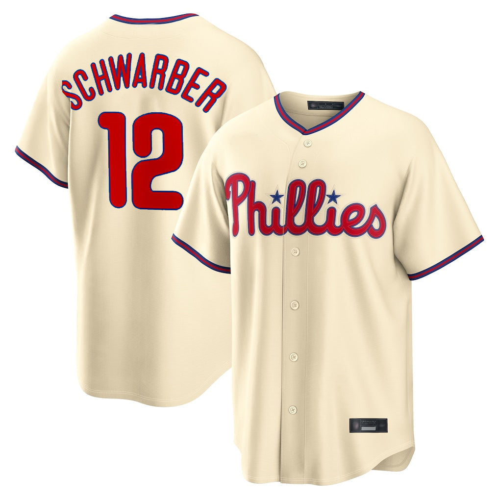 Friene P.Phillies #12 Kyle Schwarber Player Cream Home Game Stitched Jerseys