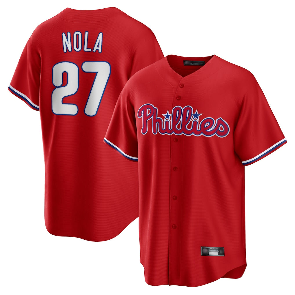 Friene  P.Phillies #27 Aaron Nola Player Red Home Game Stitched Jerseys