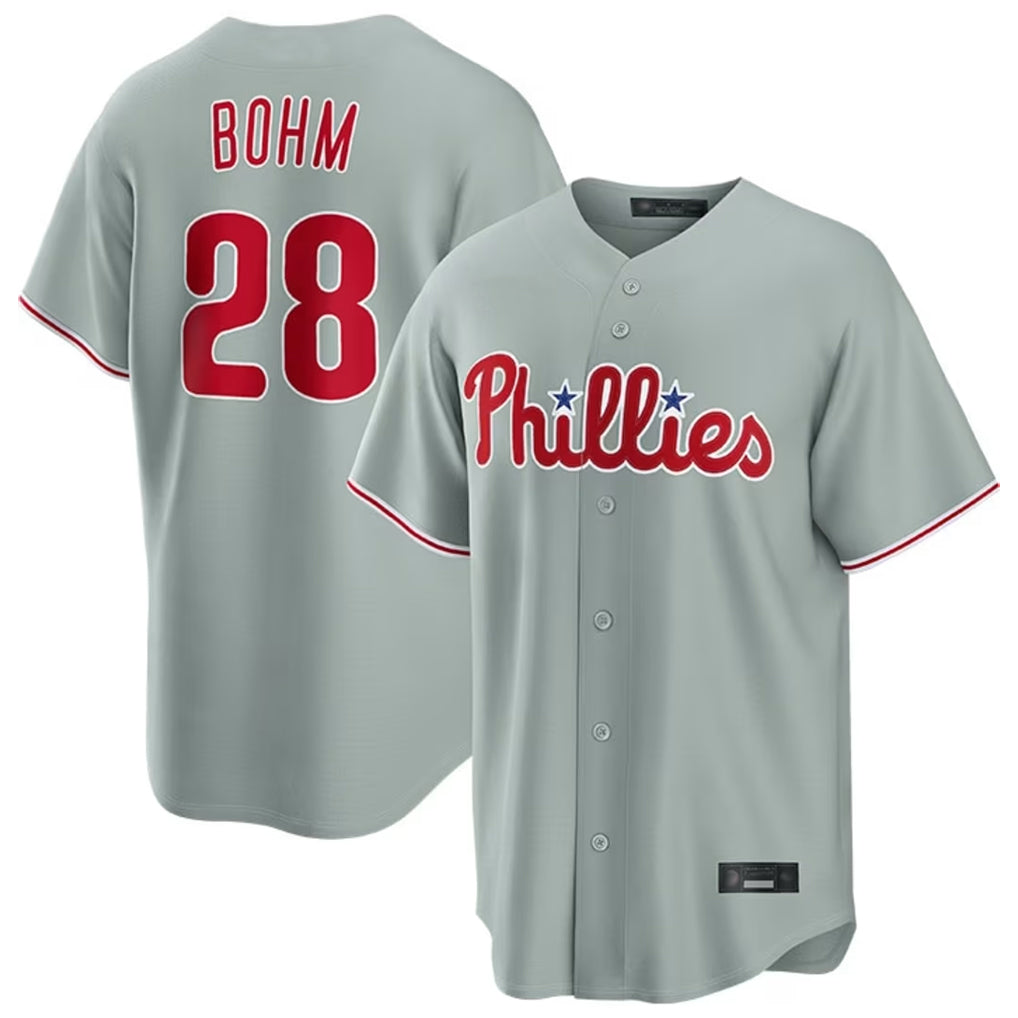Friene  P.Phillies #28 Alec Bohm Player Gray Home Game Stitched Jerseys
