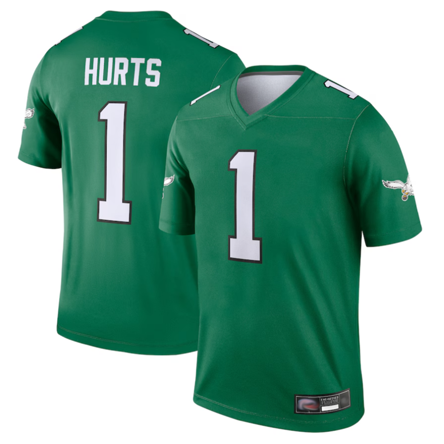 Friene P,Eagles #1 Jalen Hurts Player Kelly Green Legend Baseball Stitched Jerseys