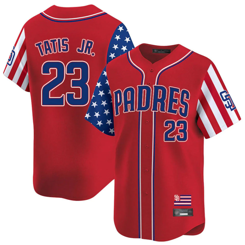 Friene S.Diego Padres #23 Fernando Tatis Jr Player Red Independence Day Home Limited Stitched Jerseys