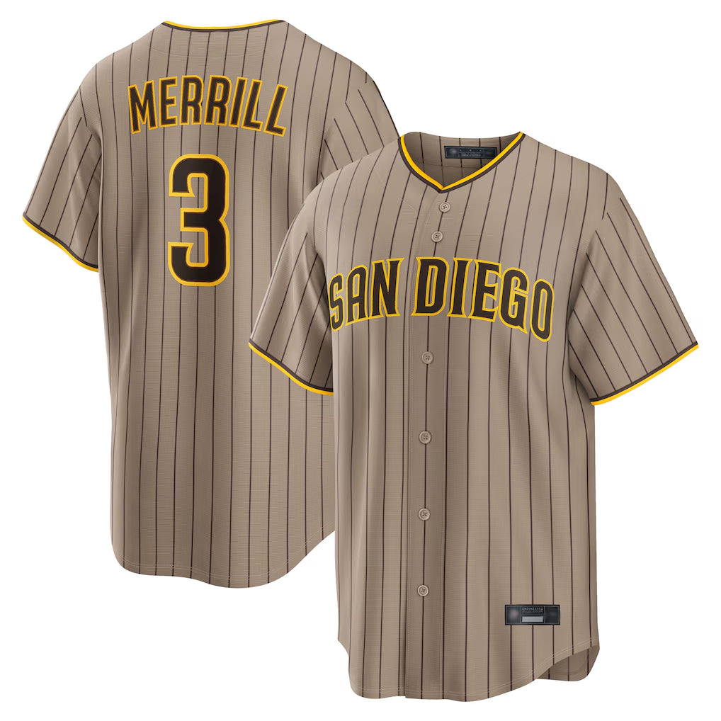 Friene S.Diego Padres #3 Jackson Merrill Player Khaki Home Game Stitched Jerseys