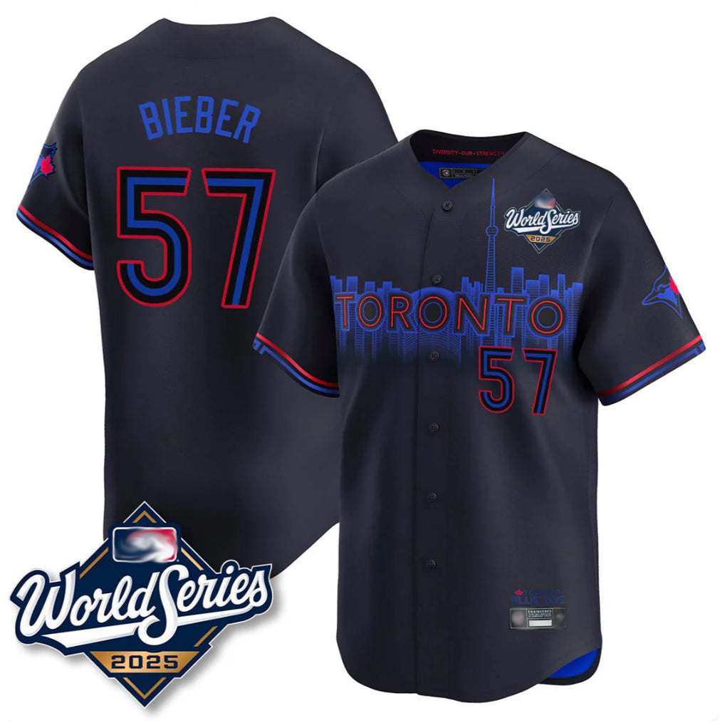 Friene T.Blue Jays #57 Shane Bieber Player Black 2025 World Series City Connect All Stitched Jerseys