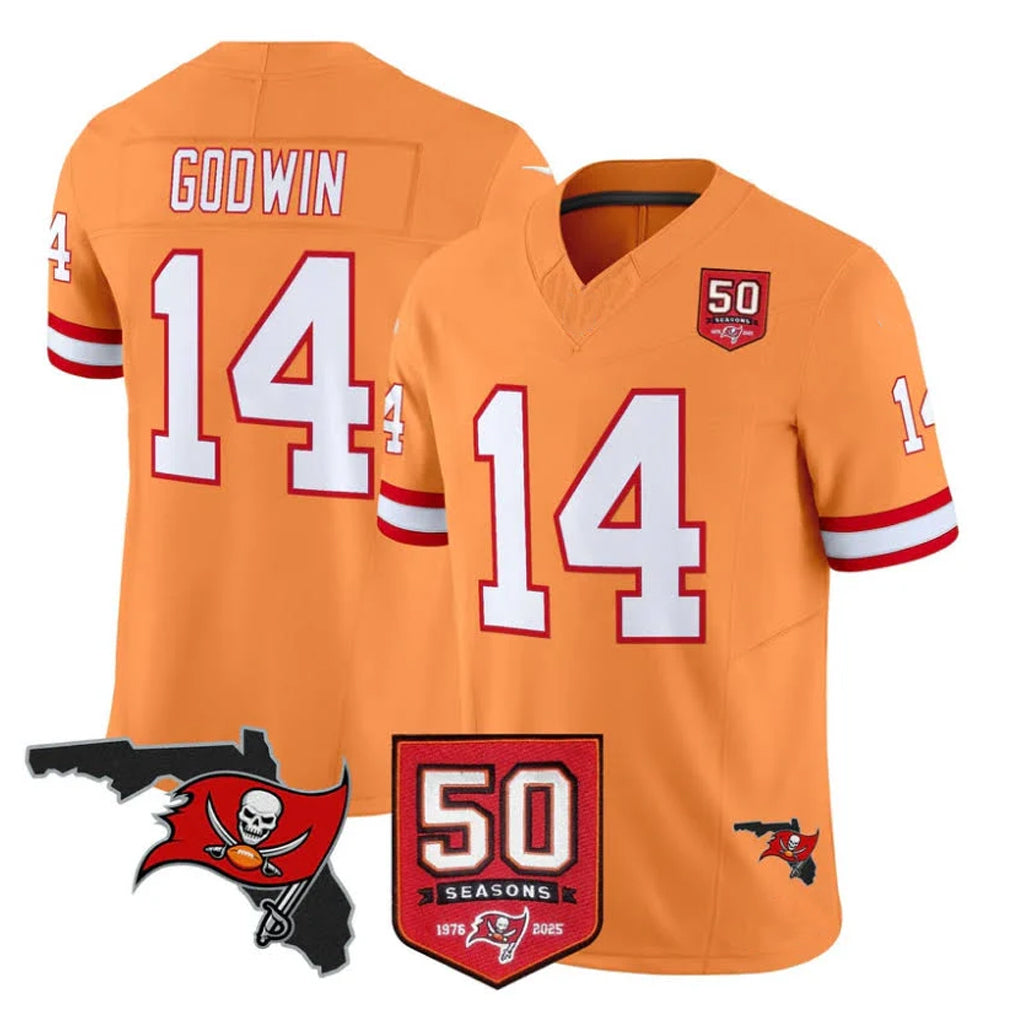 Friene TB.Buccaneers #14 Chris Godwin Jr. Player Orange 50th Season Vapor Limited Home Game Stitched Jerseys