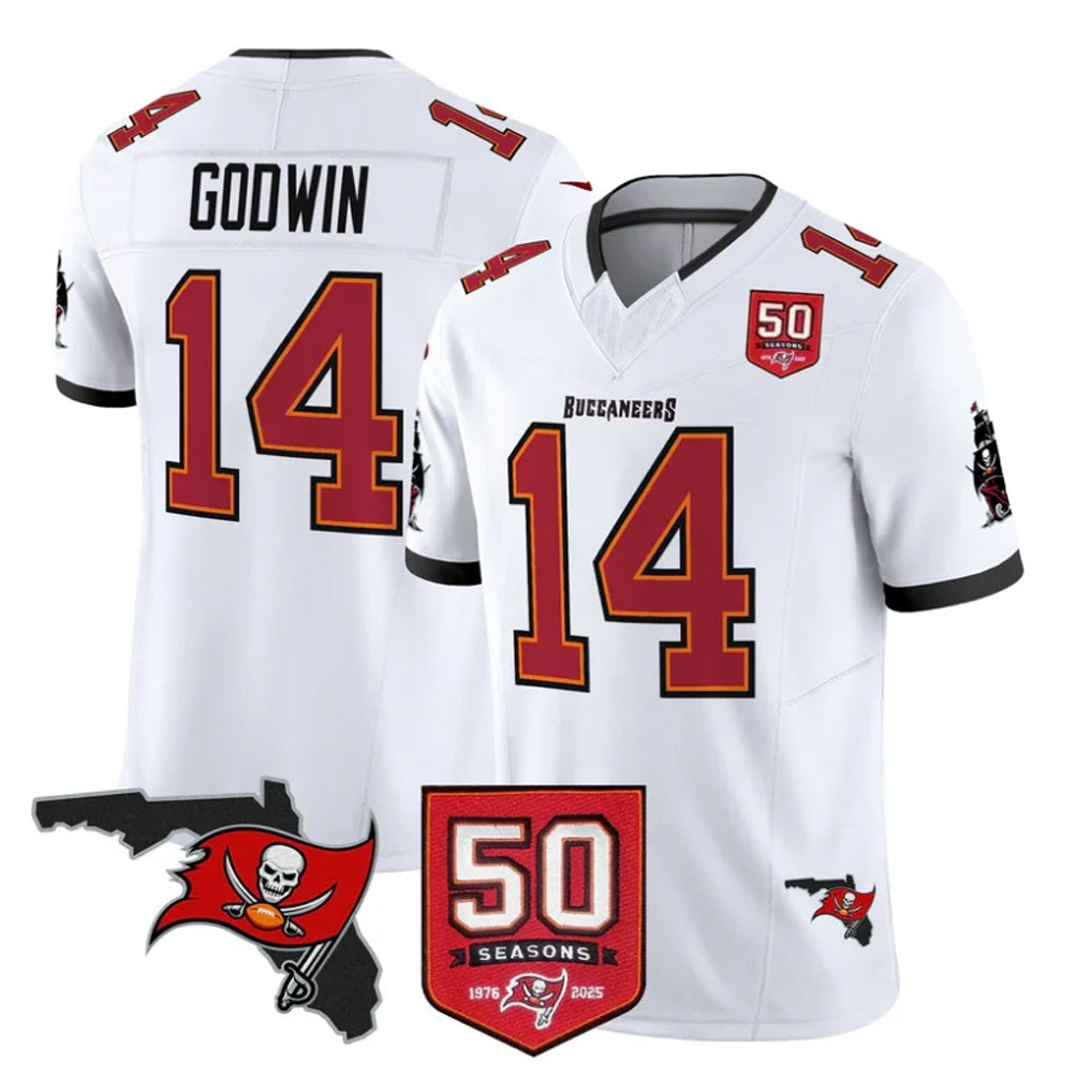 Friene TB.Buccaneers #14 Chris Godwin Jr. Player White 50th Season Vapor Limited Home Game Stitched Jerseys