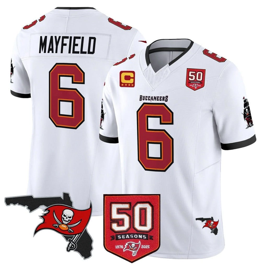 Friene TB.Buccaneers #6 Baker Mayfield Player White 50th Season Vapor Limited Home Game Stitched Jerseys